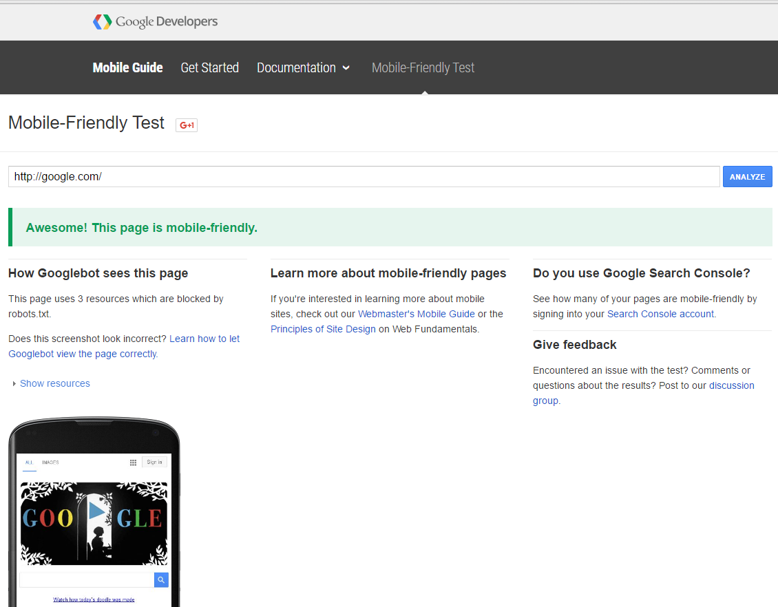 google mobile friendly test